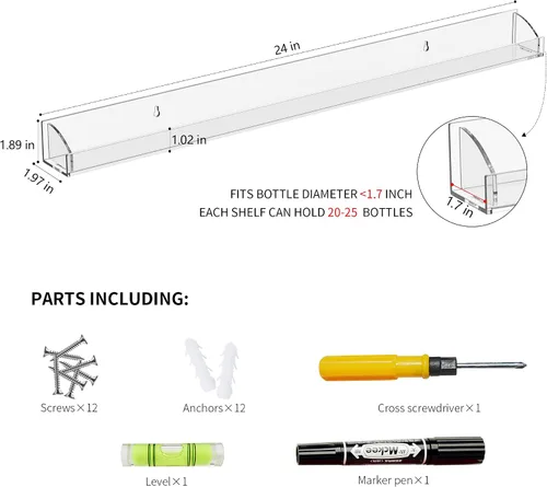 Miniatura 3 de Estante de pared transparente de 24 pulgadas con tapas de extremo extraíbles, juego de 6, organizador de esmalte de uñas acrílico montado