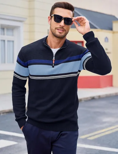 Miniatura 10 de MAGCOMSEN Suéteres de algodón con cremallera de 1/4 para hombre, suéter tipo polo, a rayas, para otoño e invierno, sudaderas cálidas