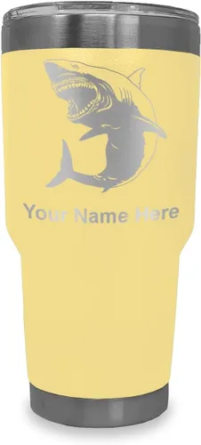 Miniatura 7 de LaserGram Vaso aislado al vacío de 20 onzas, gran tiburón blanco, grabado personalizado incluido (negro)