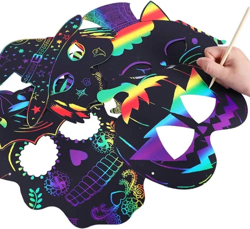 Miniatura 5 de Max Fun 36 máscaras de Halloween para arañar, kit de manualidades para niños, cumpleaños, cosplay, decoración de aula, papel mágico para rascar