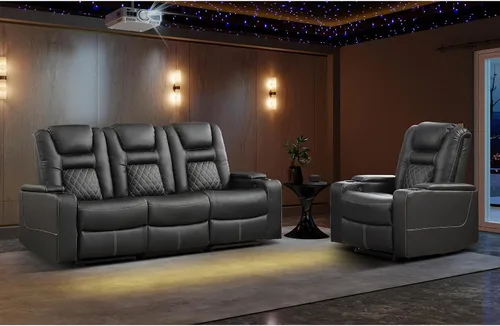 Miniatura 12 de EBELLO Asientos de cine en casa, silla reclinable de imitación de cuero para películas con almacenamiento oculto en los brazos, sofá reclinable