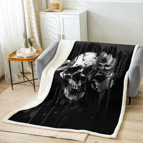 Miniatura 9 de Manfei Manta de calavera floral con estampado de sangre y flores rojas, para decoración de habitación de niños y niñas, manta gótica de calavera
