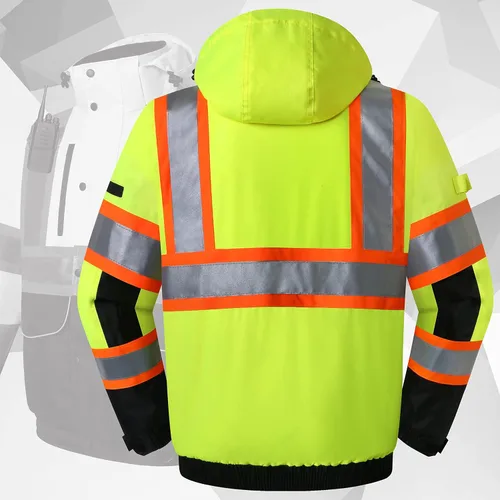 Miniatura 3 de JKSafety Chaqueta bomber de invierno reflectante 3M impermeable de alta visibilidad con 10 bolsillos Parte inferior amarillo neón negro Bolsillo