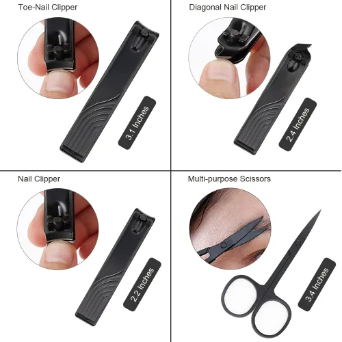 Miniatura 4 de ZIZZON Juego de manicura mini de viaje, juego de cortauñas 10 en 1 de acero inoxidable, kit de cuidado de pedicura y aseo con estuche Negro-Amarillo
