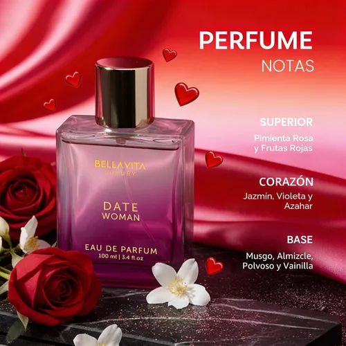 Miniatura 3 de Bellavita Luxury DATE Eau de Parfum 3.4 onzas líquidas Perfume para mujer Notas florales, pimienta rosa, jazmín y musgo Fragancia de larga