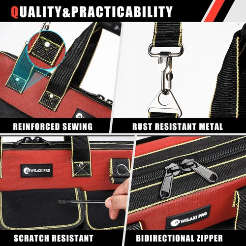 Miniatura 2 de Bolsa de herramientas portátil de 20 pulgadas para hombres con base moldeada impermeable, bolsa de herramientas de gran capacidad y boca ancha, Rojo