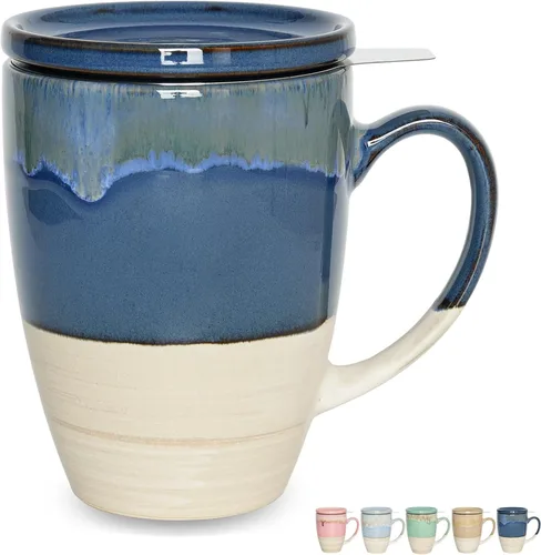 Miniatura 7 de Bosmarlin Taza de té de cerámica con infusor y tapa, 13.5 onzas, 5 colores a elegir, apta para lavavajillas y microondas, esmalte reactivo, taza