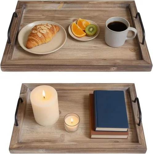 Besti - Juego de 2 bandejas rústicas vintage para servir comida | Tabla de madera anidable con asas de metal | Elegantes platos de servir de Rústico