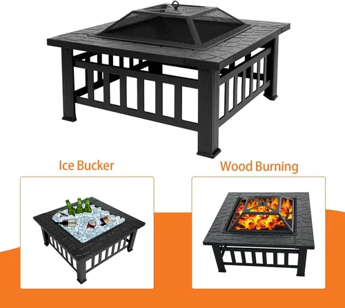 Miniatura 3 de Fogata de leña para exteriores, hoguera cuadrada de metal de 32 pulgadas para exterior, mesa multifuncional con tapa de malla y póker