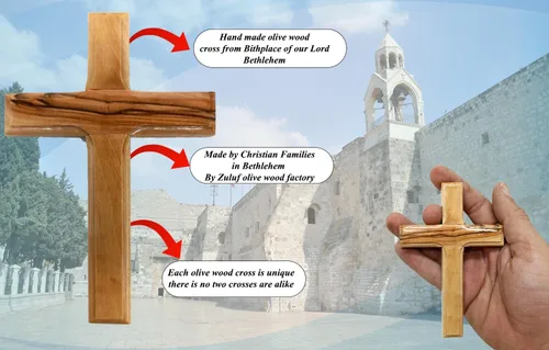 Miniatura 2 de Cruz de pared de madera de olivo de Zuluf de Belén 12 cm Hecha a mano, decoración cristiana y católica, regalo navideño para colgar en la pared