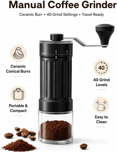Miniatura 2 de Molinillo de café manual con rebabas de cerámica, 40 ajustes ajustables para expreso, V60, verter, campamento y viajes