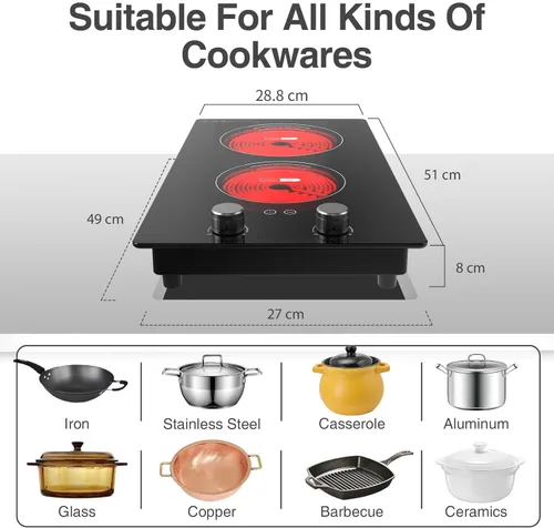Miniatura 3 de VBGK Placa de cocción eléctrica, 110V 2400W superficie de cocina eléctrica con control de perilla, 9 niveles de potencia, bloqueo para niños
