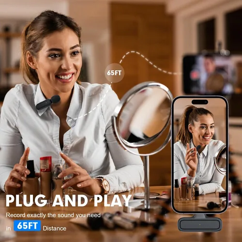Miniatura 4 de Paquete de 2 micrófonos inalámbricos Lavalier para iPhone y Android, micrófono con clip de reducción de ruido Plug and Play con funda de carga