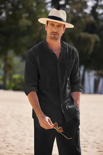 Miniatura 2 de COOFANDY Conjuntos de lino para hombre, 2 piezas, camisa de manga larga con botones y pantalones casuales de playa con cordón en la cintura, trajes