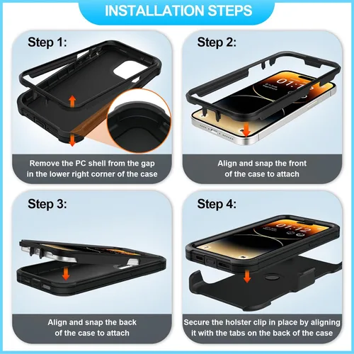 Miniatura 6 de Funda con clip para cinturón compatible con iPhone 12 Defender con soporte giratorio de 360°, protección resistente anticaídas y golpes, color negro