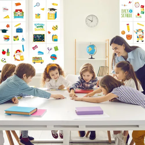 Miniatura 3 de Whaline 8 hojas de calcomanías para ventana de regreso a clases, gnomo, autobús, lápiz estático de doble cara, calcomanías de ventana para el primer