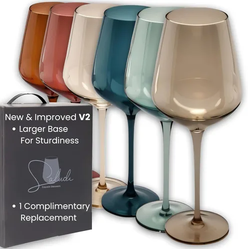 Saludi Copas de Vino de Colores, 16.5oz (Juego de 6) Copas de Cristal Multicolor con Tallo – Ideales para Todos los Tipos de Vino y Ocasiones –