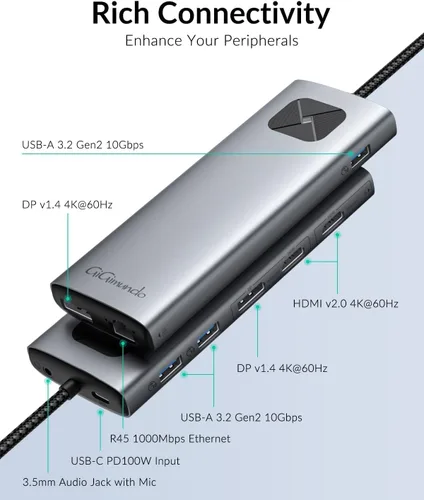Miniatura 2 de GiGimundo LK10 - Estación de acoplamiento para portátil 10 en 1 con monitor doble, USB C Hub Dual 4K a 60Hz HDMI, 2 DP, 3 USB A, 100W PD, Ethernet