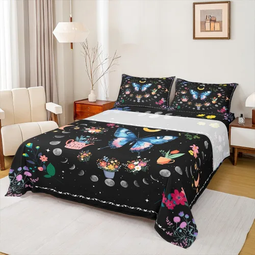 Miniatura 15 de Erosebridal Juego de sábanas de polilla de la muerte, diseño de calavera gótica, tamaño individual, juego de sábanas de flores botánicas con diseño