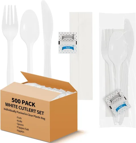 Miniatura 11 de 500 paquetes de juego de cuchillo, tenedor, cuchara, servilleta, sal y pimienta, cubiertos de plástico negro envueltos individualmente para entrega