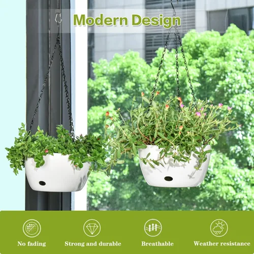 Miniatura 2 de Sungmor Maceta colgante de riego automático para plantas de interior, 9.4 y 11.2 pulgadas, paquete de 2 cestas colgantes grandes de plástico blanco