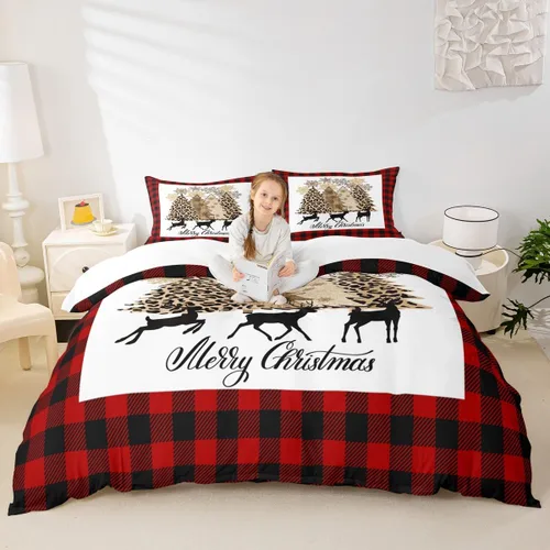 Miniatura 58 de Juego de funda de edredón para niños con diseño de Navidad, tamaño individual, camiones rojos y árboles de pino con copos de nieve, decoración