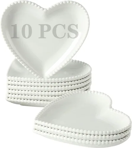 Juego de 10 platos de porcelana de 6.3 pulgadas, platos pequeños en forma de corazón, platos blancos para ensalada de postre para pasteles,