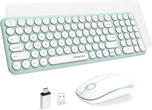 Miniatura 12 de Combo de teclado y mouse inalámbricos, 2.4 GHz, silencioso, delgado, lindo, redondo, tamaño compacto, color verde, Kawaii, juego de teclado y mouse