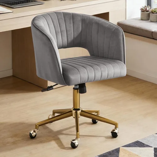Miniatura 9 de Silla de tocador con respaldo sillón giratorio 360 grados y base dorada, silla entrecruzada con ruedas para tocador, oficina en casa, sala de estar