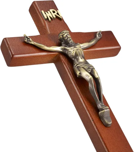 Miniatura 7 de ACHIBANG Crucifijo de pared de 12 pulgadas con soporte, cruz de Jesús católica de pie y colgante de madera con INRI para el hogar o la sala