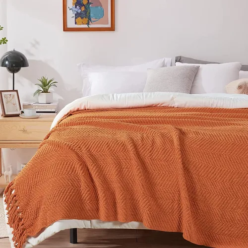 Miniatura 5 de Manta de tweed con borlas de flecos para sofá, decoración del hogar, cama, sofá, silla, 50 x 60 pulgadas, naranja óxido