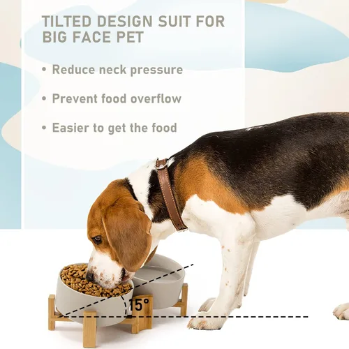 Miniatura 2 de SPUNKYJUNKY Cuenco de cerámica inclinado de 15° para perros y gatos con soporte de madera, cuenco inclinado para comida y agua para bulldog Gris
