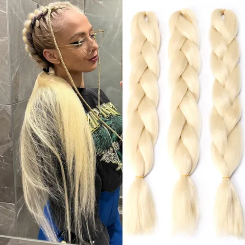 Extensiones de cabello rubio (613#) trenzado, cabello trenzado de ganchillo trenzado, fibra sintética de primera calidad para mujeres, 24 pulgadas,