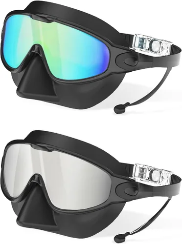 Miniatura 8 de Gafas de natación para adultos con cubierta de nariz para hombres y mujeres, paquete de 2 gafas de natación de visión amplia, antivaho, UV, sin