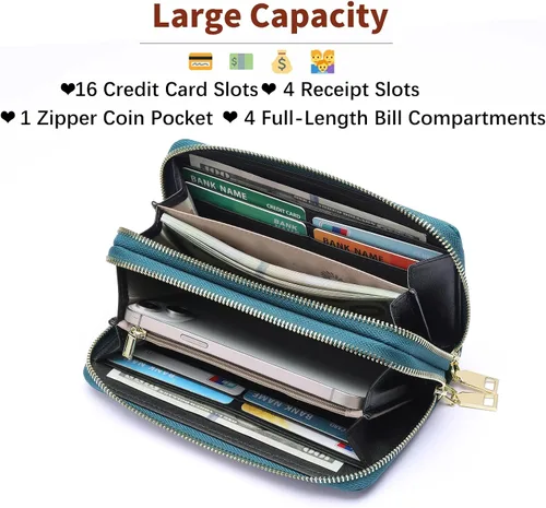 Miniatura 2 de GOIACII Cartera de mujer de gran capacidad con doble cremallera para mujer, soporte para teléfono con bloqueo RFID, correa de cuero, A02 Verde