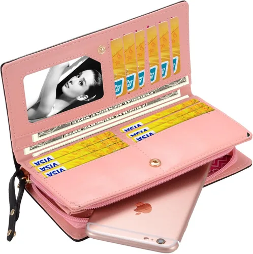 Miniatura 7 de Billetera con gato bonito monedero largo plegable con cierre para mujer M Negro