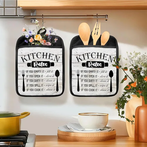 Miniatura 3 de Kitchen Rules - Juego de guantes para horno, divertidos regalos de chef para mujeres, divertidos guantes de horno de cocina resistentes al calor