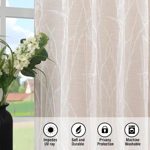 Miniatura 6 de Pitalk - Cortinas con patrón beige de 63 pulgadas de largo para dormitorio, 2 paneles con pestaña trasera y bolsillo, diseño de ramas de árbol
