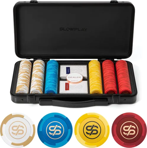 SLOWPLAY Godel - Juego de fichas de póquer de arcilla de 0.49 oz para Texas Hold'em, 300 piezas [fichas en blanco] cuenta con una caja de chips de