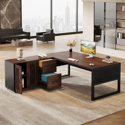 Miniatura 3 de Tribesigns Escritorio ejecutivo en forma de L de 63 pulgadas con archivador móvil, escritorio grande para computadora de oficina, mesa de muebles