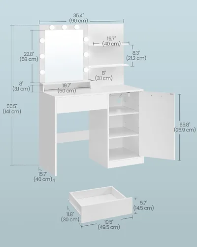 Miniatura 5 de VASAGLE Kailyn Collection - Escritorio de tocador con tomas de corriente y luces LED, mesa de maquillaje de 35.4 pulgadas de ancho con espejo, cajón