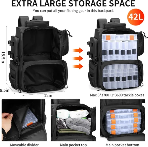 Miniatura 3 de Rabjen Mochila de aparejos de pesca con soportes para caña, soporte para botellas, bolsa de almacenamiento, tienda de equipo de pesca