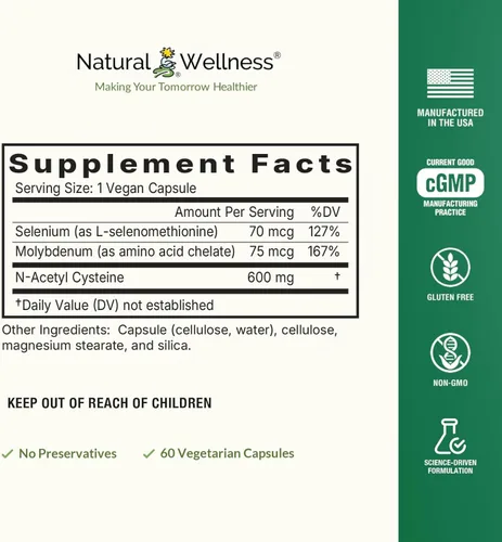 Miniatura 4 de Natural Wellness NAC Plus - Suplemento NAC con selenio y molibdeno para desintoxicación hepática, apoyo antioxidante y aumento de glutatión