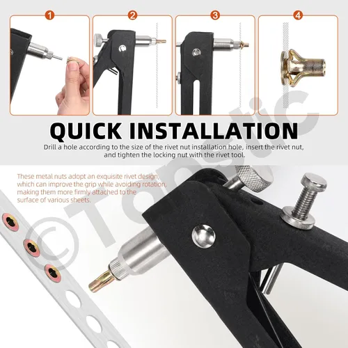 Miniatura 5 de Tanstic Kit de tuercas remachadoras M8 multiagarre, 26 piezas, acero al carbono chapado en zinc, tuerca de remache de alta resistencia, insertos