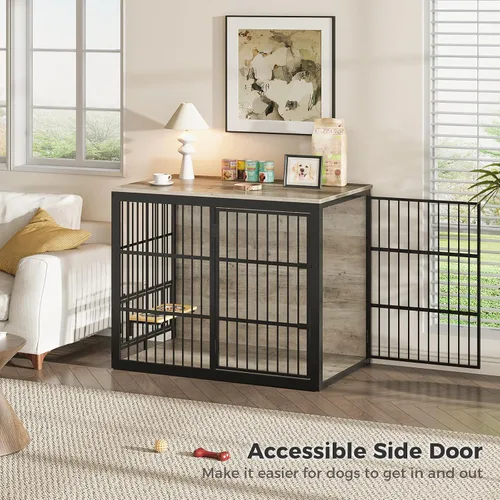 Miniatura 3 de Lyromix Mueble de jaula para perros XXL de 48 pulgadas con alimentador giratorio, mesa auxiliar de madera grande, jaula de interior resistente