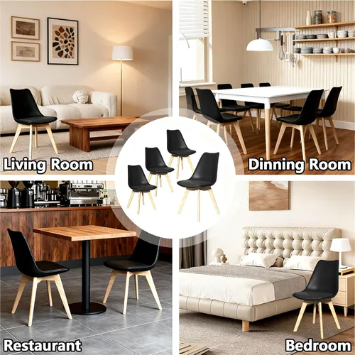 Miniatura 8 de Juego de 4 sillas de comedor, sillas de cocina y comedor de mediados de siglo con patas de madera y cojín, juego de sillas de comedor de cuero