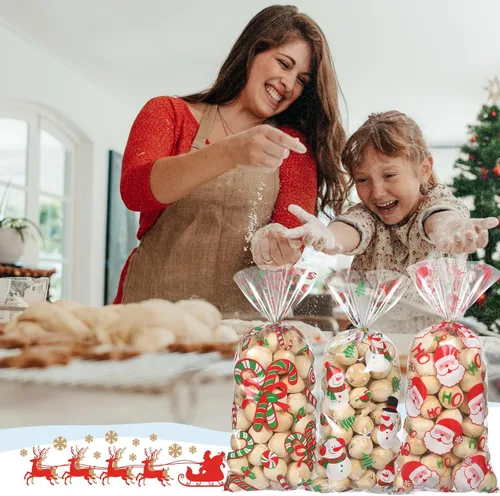 Miniatura 5 de Pasimy 100 Piezas Bolsas de Celofán Navideñas para Dulces con Lazos Bolsa de Regalo de Plástico Transparente a Granel Bolsas de Celofán Navideñas