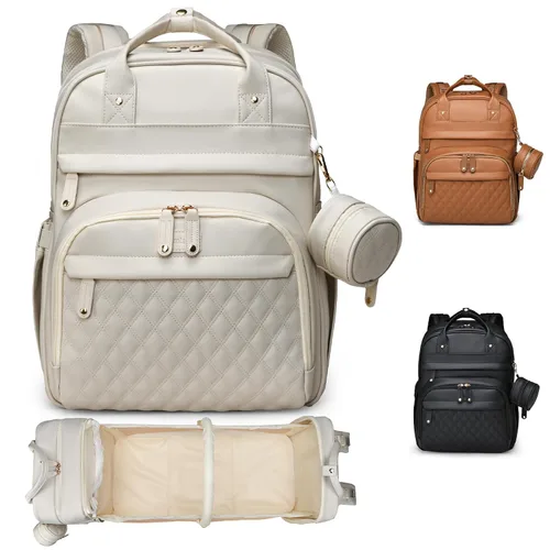 Miniatura 22 de Bolsa de pañales con cambiador, mochila para pañales, bolsa de pañales de viaje 7 en 1, bolsa para mamá con puerto de carga USB (rosa-gris)