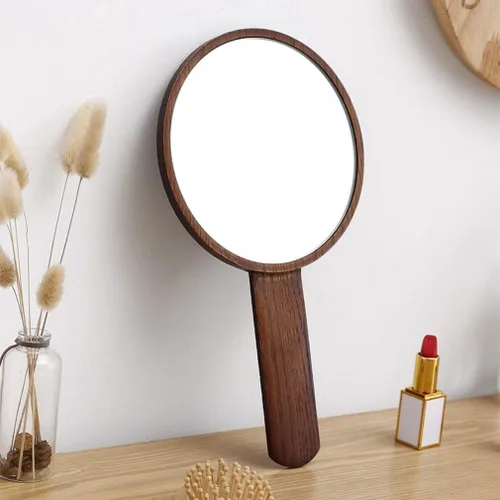 TOF&HAMY Espejo de mano con asa, espejo HD de mano, marco de madera, espejo liso para peluquería de peluquería, estilo retro, espejo de mano de
