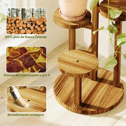 Miniatura 2 de Bamworld Soporte para plantas de 3 niveles para interiores, estante esquinero de madera para múltiples plantas, soporte redondo pequeño para flores